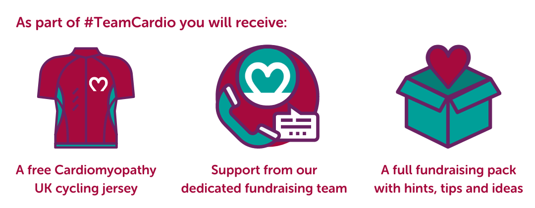 As part of #TeamCardio you will receive: A free Cardiomyopathy UK cycling jersey, support from our dedicated fundraising team, and a full fundraising pack with hints, tips and ideas.