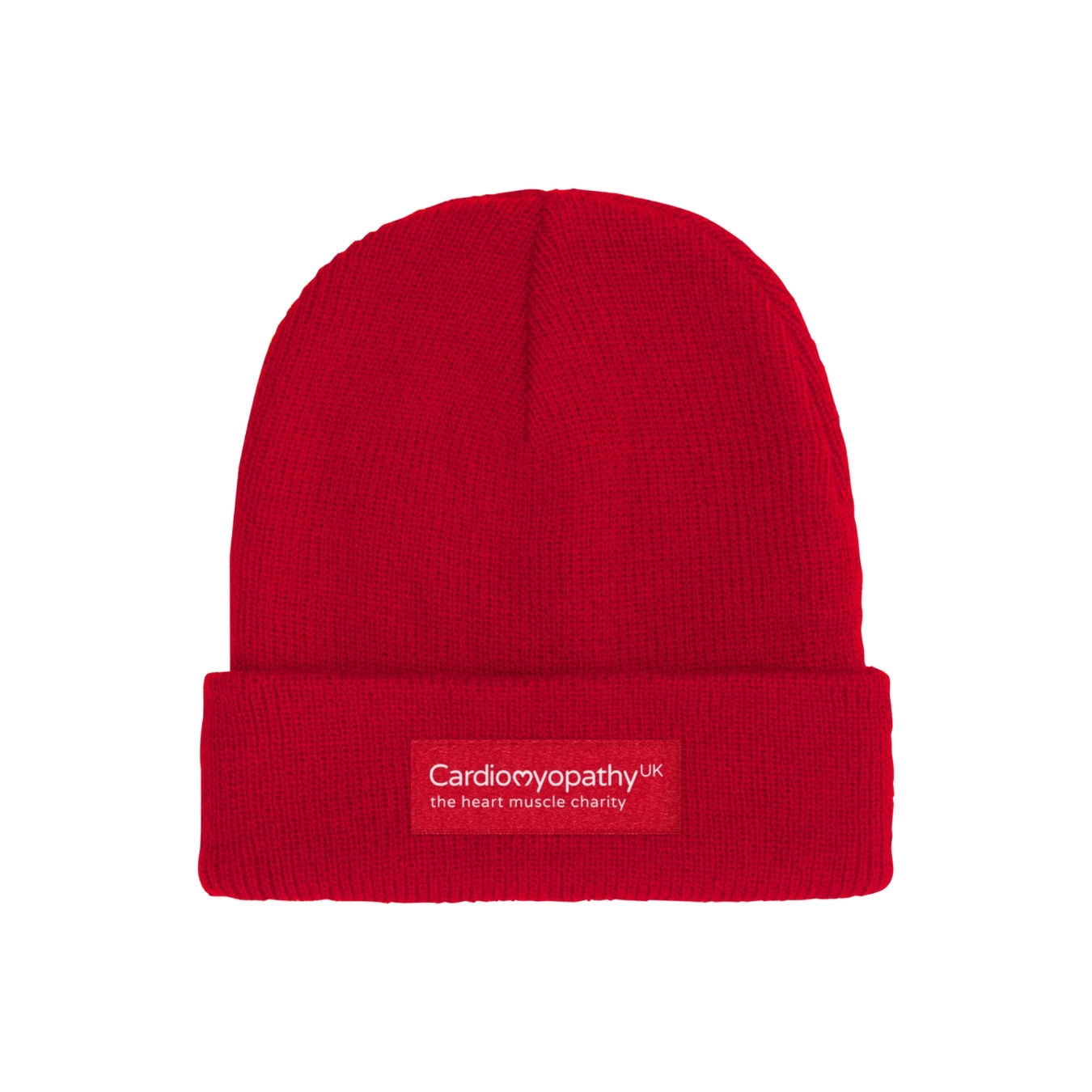 An image of the red Cardiomyopathy UK beanie laying flat on a white background