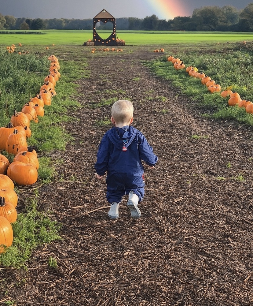 A toddler walks towards a rainbow and a heart-shaped wooden structure.