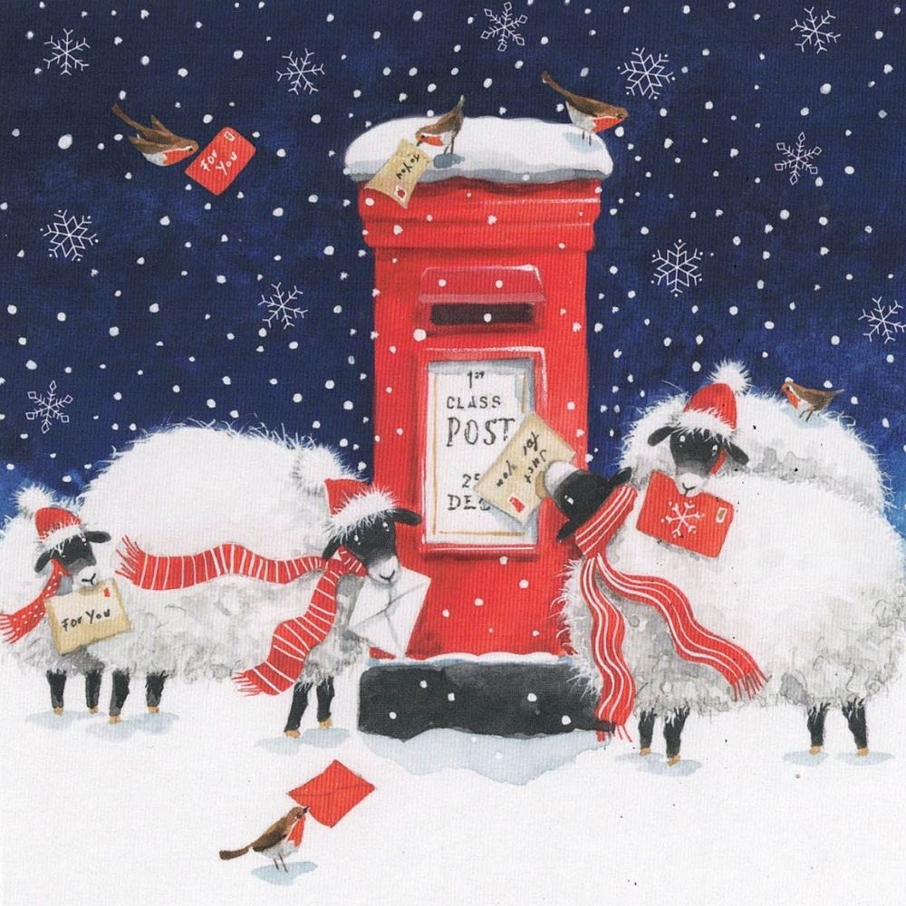 Christmas card featuring sheep posting cards into a letterbox