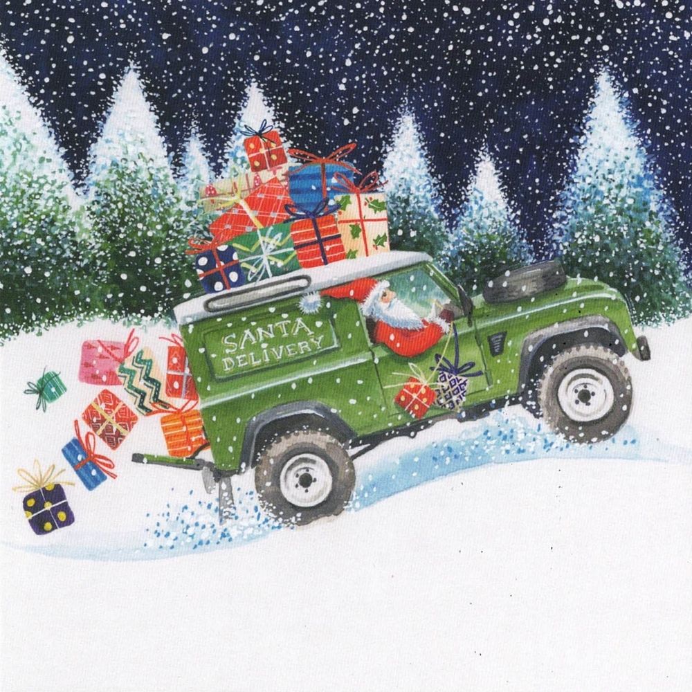 Christmas card featuring a Santa driving a Land Rover