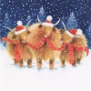 Christmas card featuring three Highland cows in Christmas hats