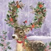 Christmas card featuring a reindeer with decorated antlers
