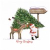 Christmas card featuring Santa and a reindeer carrying a Christmas tree